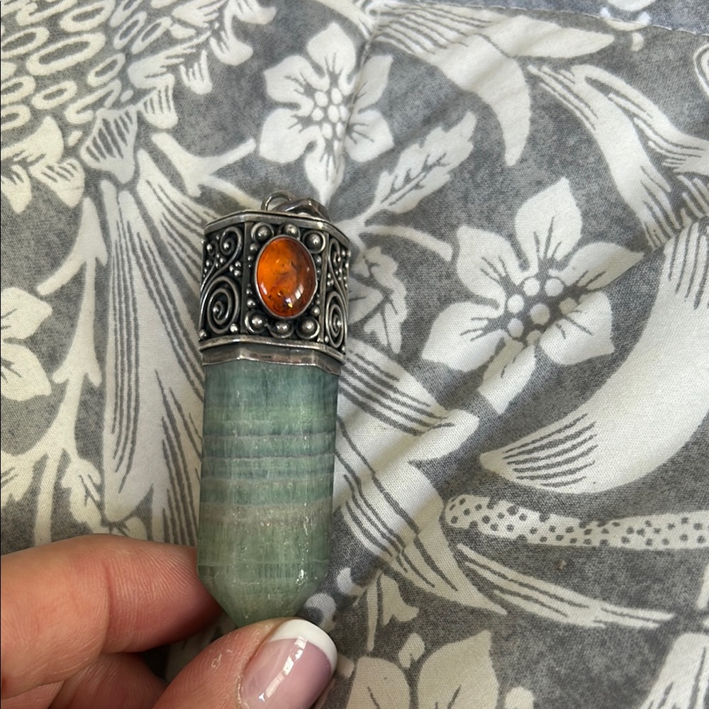 Green and Silver Pendant with Orange Gem